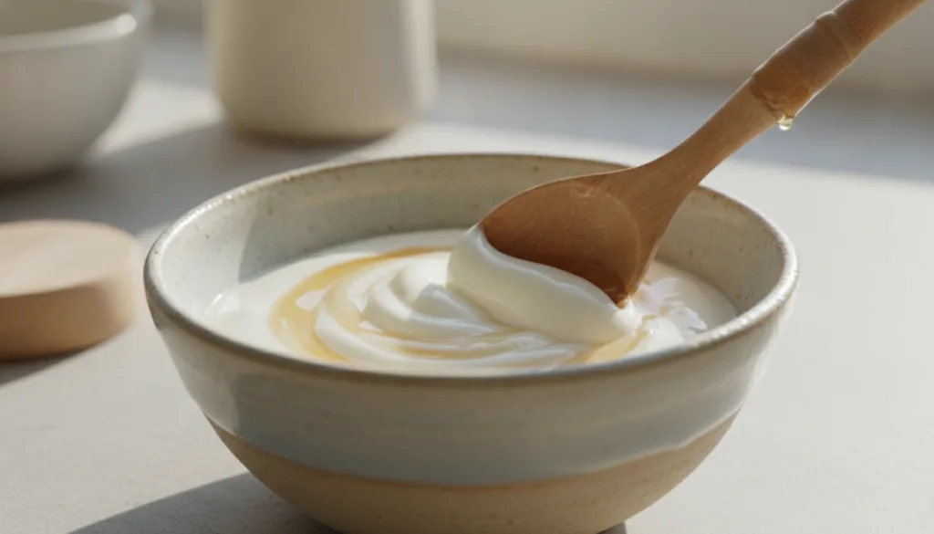 Close-up of a small bowl containing plain yogurt and honey being mixed with a small spoon The ingredients are visibly bl