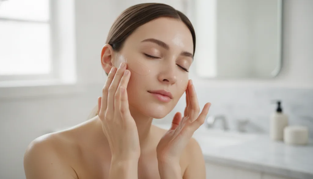 A woman gently massaging the homemade petroleum jelly and olive oil mixture onto her face focusing on her cheeks and for