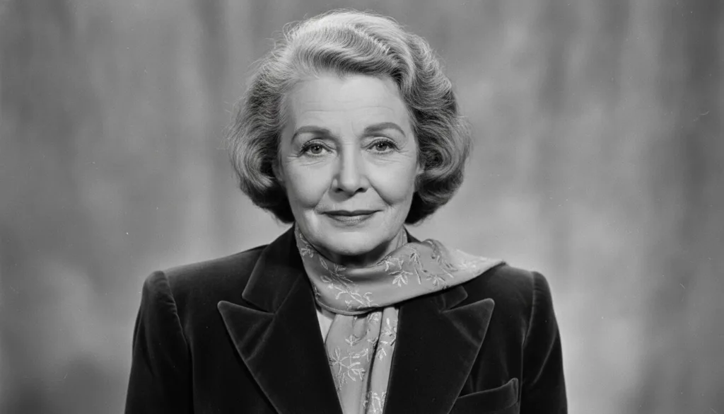 A black and white photo of Bette Davis late in her career showing her enduring presence