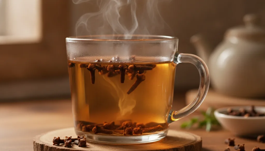 A close-up of dried cloves steeping in a glass of warm water with steam gently rising