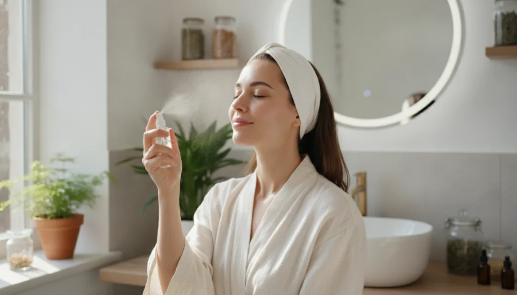 A woman gently misting a homemade tonic onto her face looking refreshed and happy