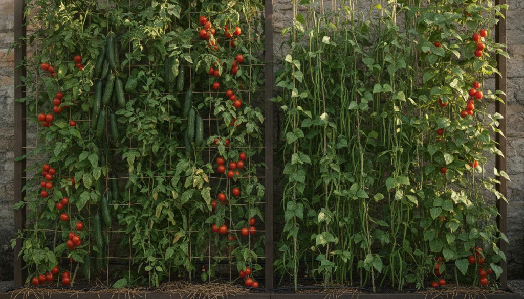 A lush vertical garden with various vining plants like tomatoes cucumbers and pole beans growing on trellises and stakes