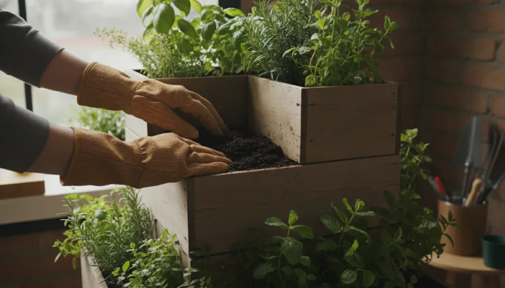 A gardener checking the moisture of soil in a vertical container garden demonstrating proper care and maintenance