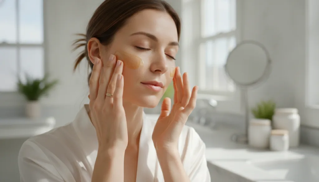 A woman gently massaging the golden Botox Oil onto her face with her fingertips focusing on her cheeks and forehead Her