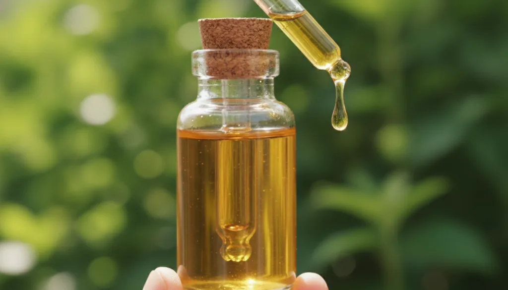 Close-up of a small glass dropper bottle filled with the golden-tinted Botox Oil with a few drops visible on the dropper