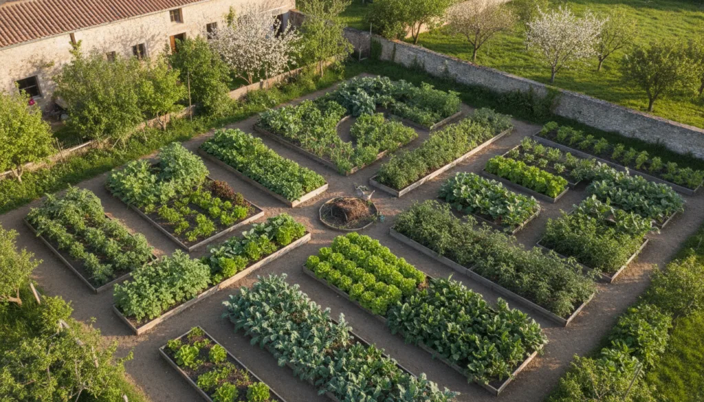 A vibrant healthy home vegetable garden with various plants thriving with ample space between them showing lush foliage
