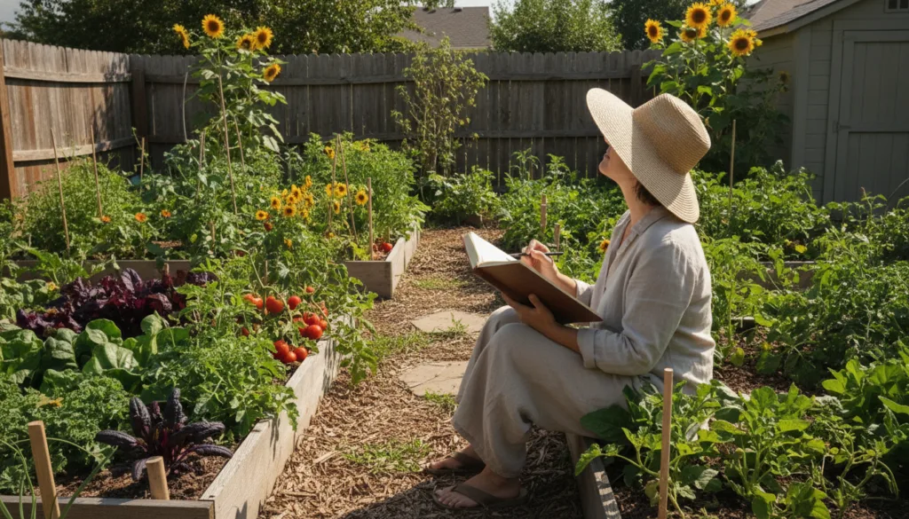 A gardener observing sun patterns in a backyard garden with a notebook and pen
