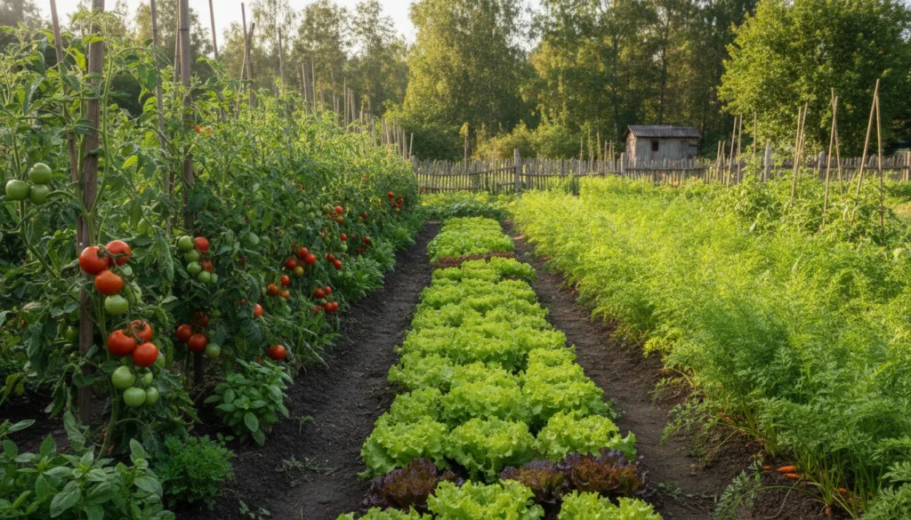 Various vegetables thriving in a well-planned garden with good sunlight showing healthy plants like tomatoes lettuce and
