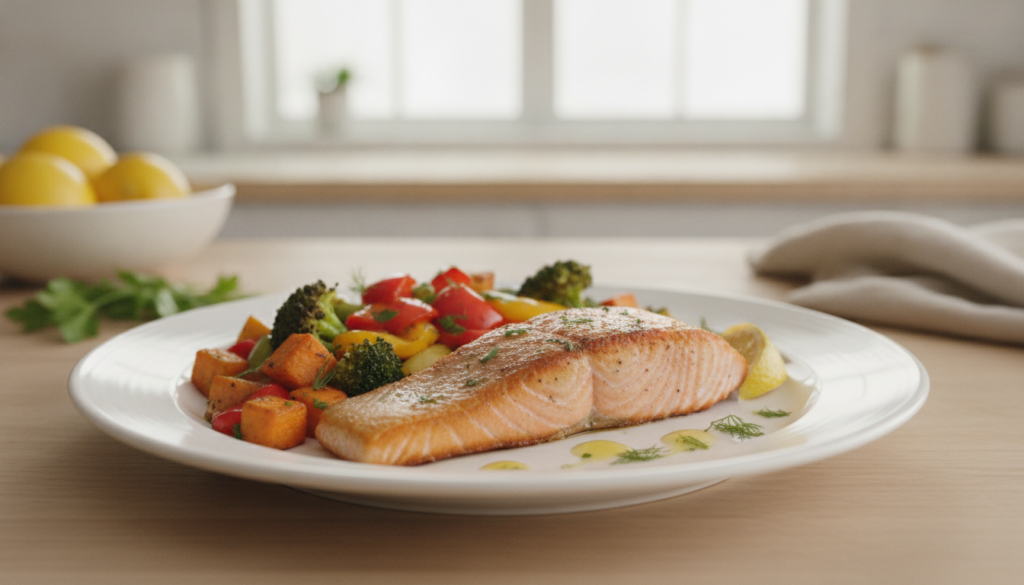 A delicious and healthy meal featuring salmon fillet with roasted vegetables on a plate showcasing a balanced and B12-ri
