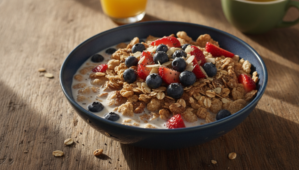 A bowl of fortified cereal with plant-based milk and fresh berries illustrating a vegan-friendly B12 source