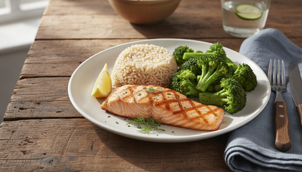 A vibrant plate featuring grilled salmon alongside steamed brown rice and a side of green vegetables like broccoli or as