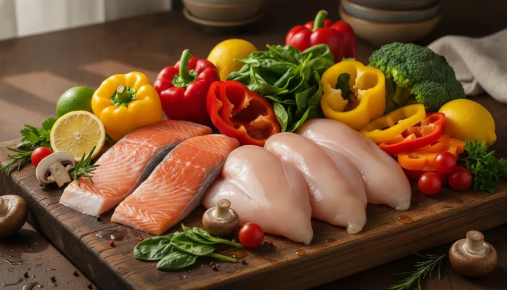 A colorful array of fresh fish lean chicken breast and vibrant vegetables like mushrooms and avocados arranged on a cutt