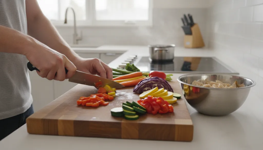 A person preparing a healthy meal with fresh vegetables and lean protein demonstrating practical cooking tips in a clean