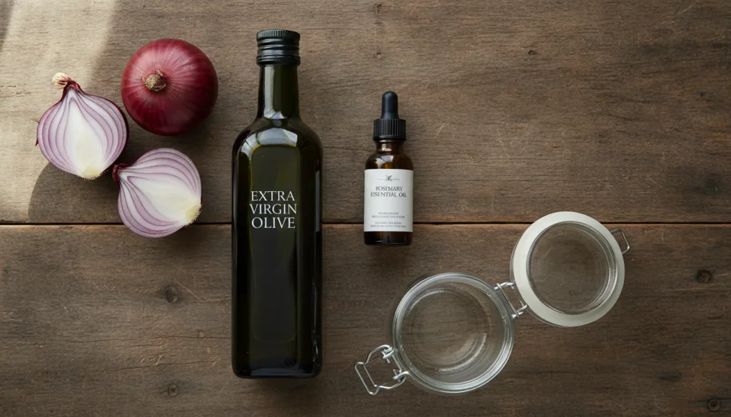 A flat lay of red onions a bottle of olive oil a small bottle of rosemary essential oil and a glass jar all laid out on 