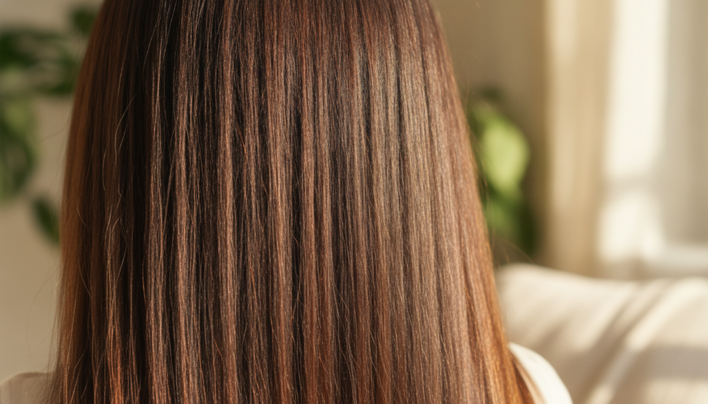 A close-up of a person with healthy shiny hair symbolizing strong and vibrant hair