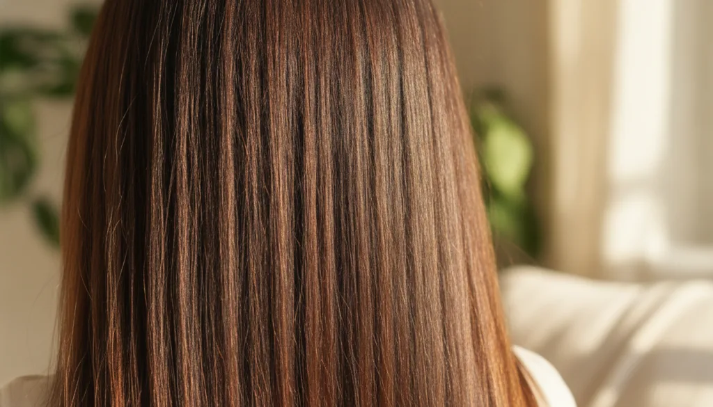 A close-up of a person with healthy shiny hair symbolizing strong and vibrant hair