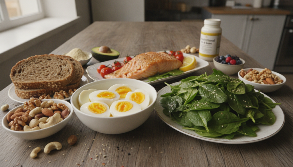 A variety of colorful B-vitamin rich foods arranged attractively on a wooden table including eggs leafy greens salmon wh