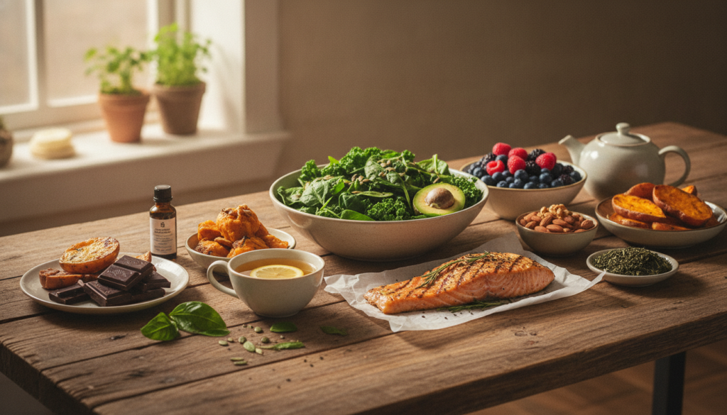 A variety of colorful healthy foods laid out on a wooden table including leafy greens berries nuts and whole grains symb