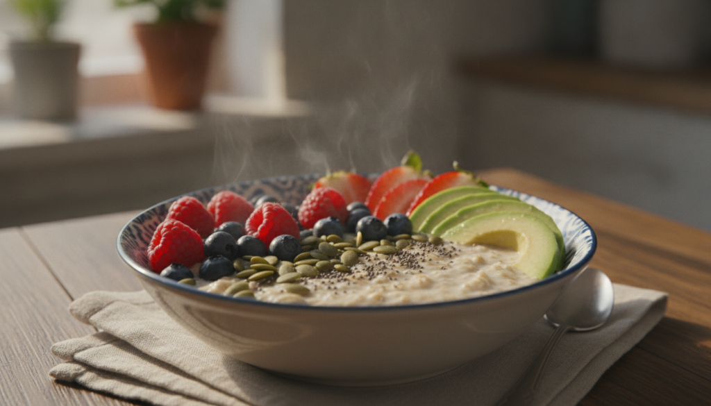 A delicious and healthy breakfast bowl featuring oatmeal fresh berries sliced avocado and pumpkin seeds designed to illu