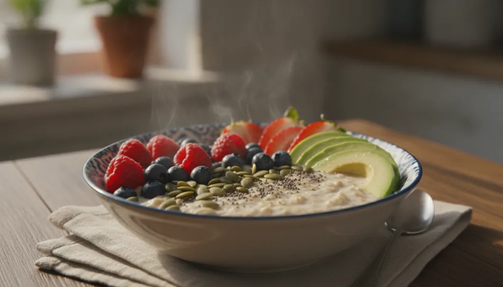 A delicious and healthy breakfast bowl featuring oatmeal fresh berries sliced avocado and pumpkin seeds designed to illu