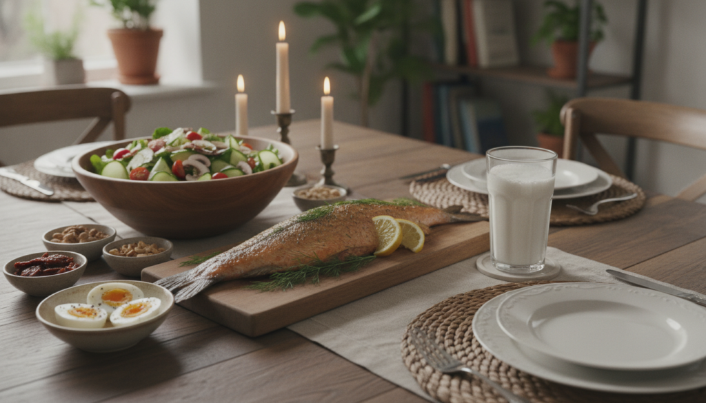A diverse and healthy meal spread on a dining table featuring various Vitamin D-rich foods such as a fish dish a glass o