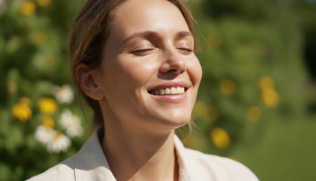 A smiling person enjoying sunlight on their face with a healthy glow representing the benefits of Vitamin D and sun expo