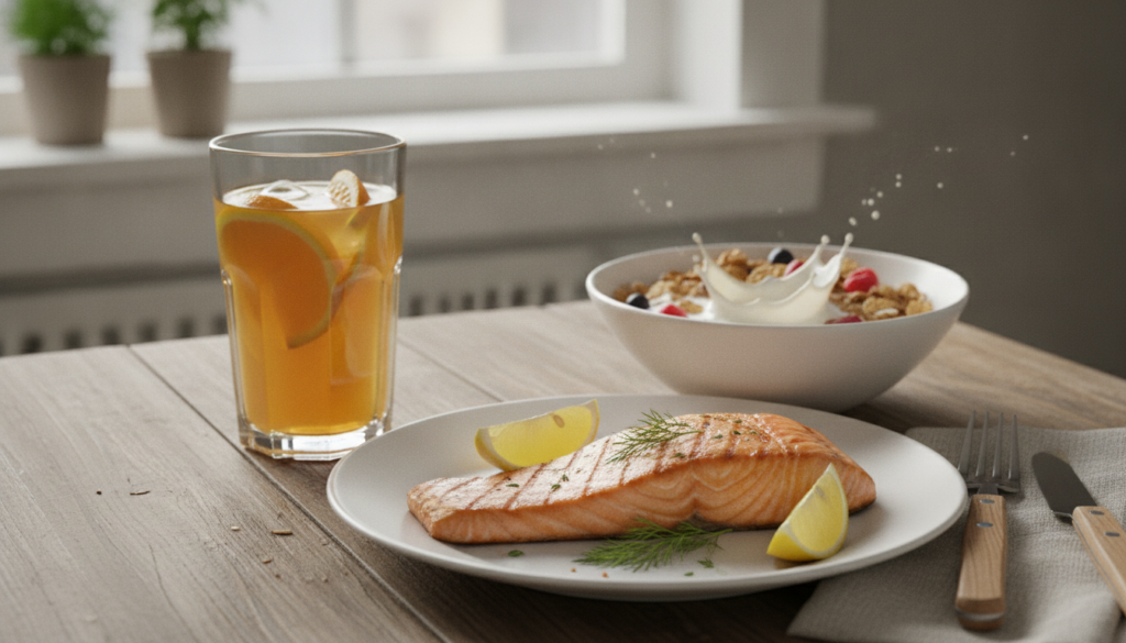 A plate of grilled salmon with lemon slices and fresh dill alongside a glass of orange juice and a bowl of fortified cer