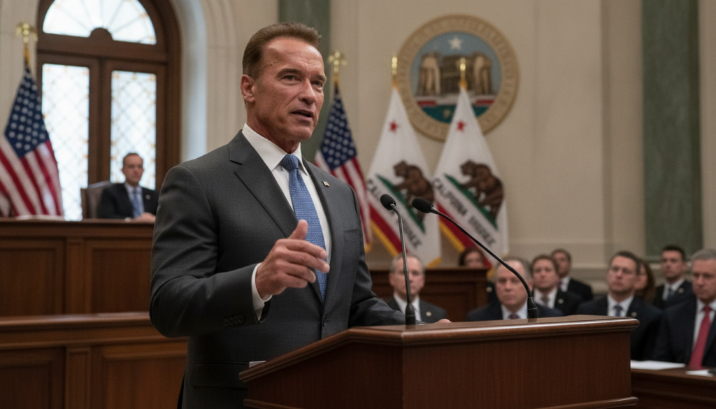 A real photo of Arnold Schwarzenegger as Governor of California in a formal setting