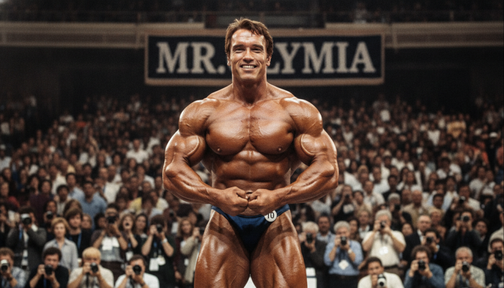 A real archival photo of Arnold Schwarzenegger in his prime as a bodybuilder flexing on stage during a competition