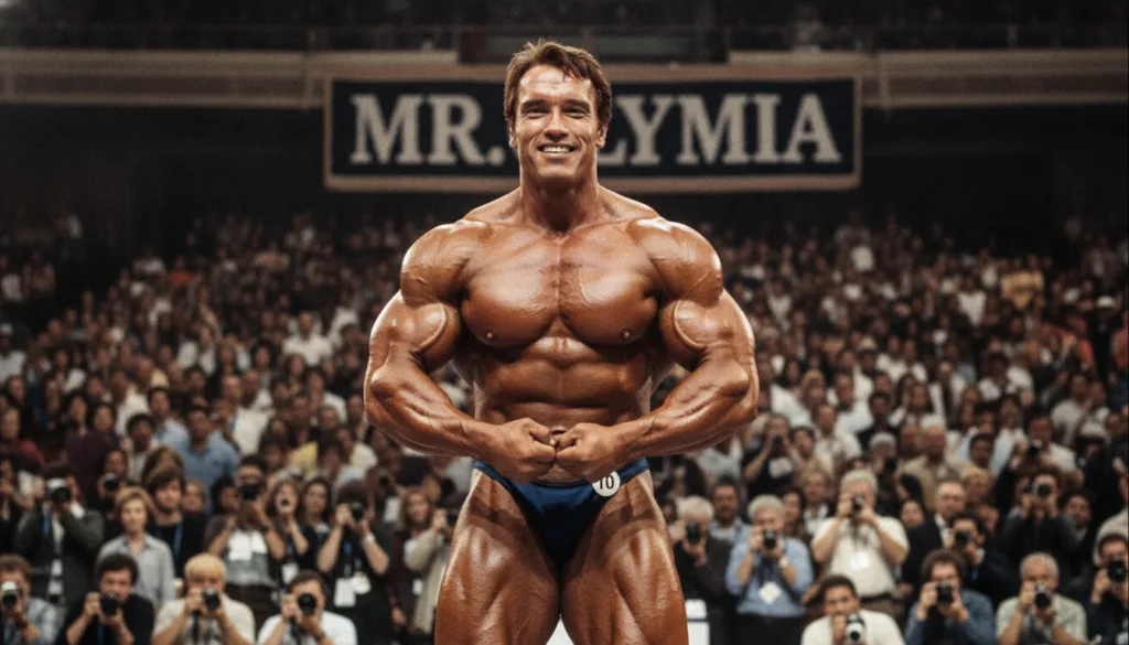 A real archival photo of Arnold Schwarzenegger in his prime as a bodybuilder flexing on stage during a competition