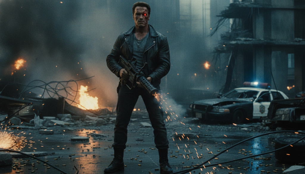 A real movie still or poster from one of Arnold Schwarzenegger s iconic action films like The Terminator or Predator