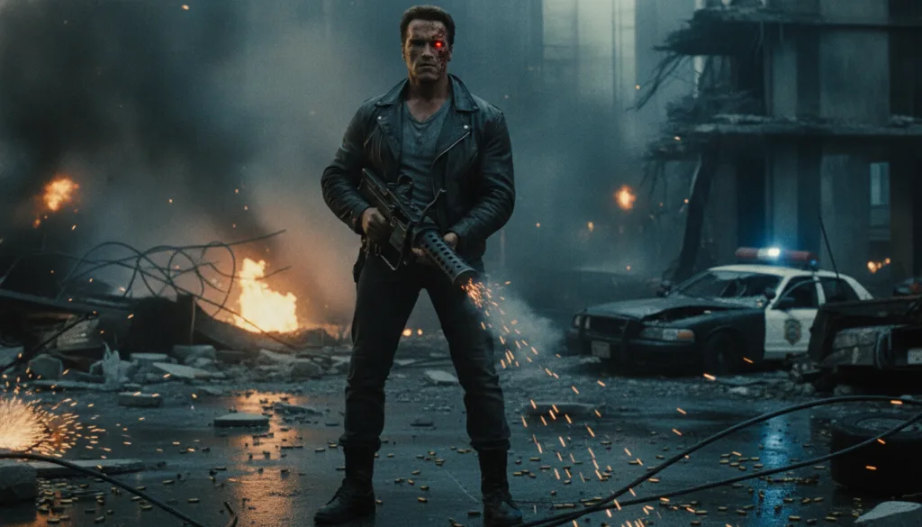 A real movie still or poster from one of Arnold Schwarzenegger s iconic action films like The Terminator or Predator