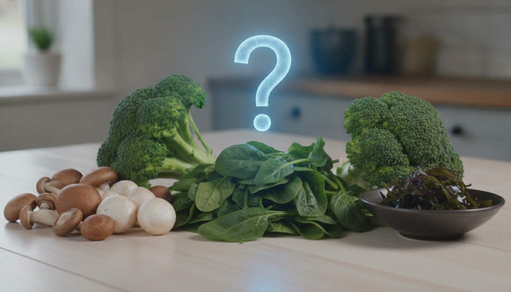 A variety of colorful vegetables and plant-based foods including leafy greens mushrooms and possibly a bowl of seaweed w