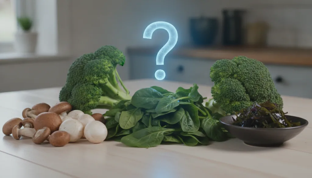 A variety of colorful vegetables and plant-based foods including leafy greens mushrooms and possibly a bowl of seaweed w