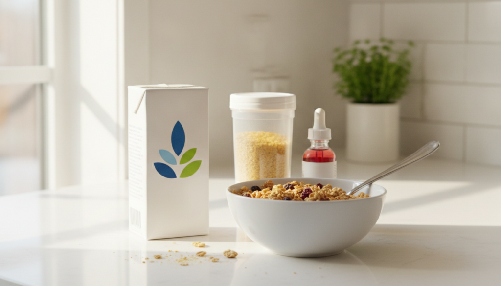 A selection of fortified plant-based foods including a carton of almond milk a bowl of fortified cereal and a container 
