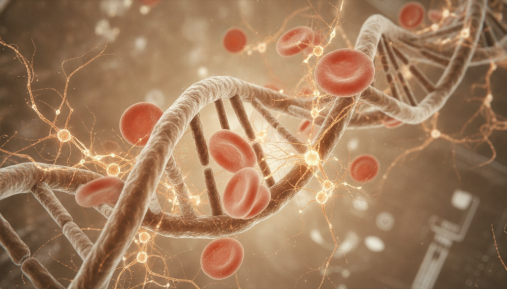A close-up of a DNA double helix intertwining with abstract representations of blood cells and nerve endings against a s