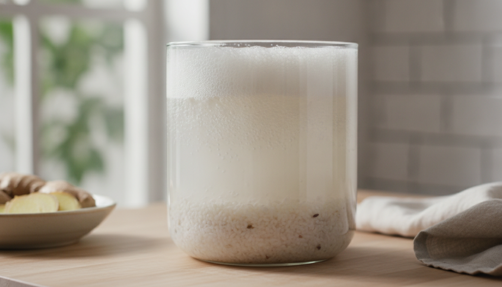 A clear glass jar containing cloudy fermenting rice water with some rice grains settled at the bottom placed on a kitche
