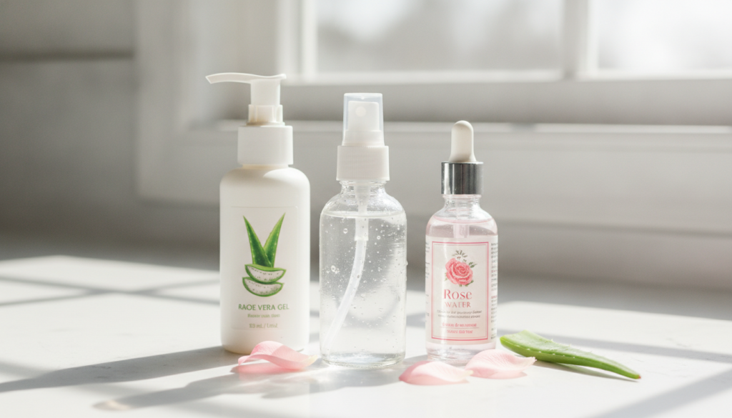 A small elegant spray bottle filled with the clear DIY rice water mix placed next to a bottle of aloe vera gel and a bot