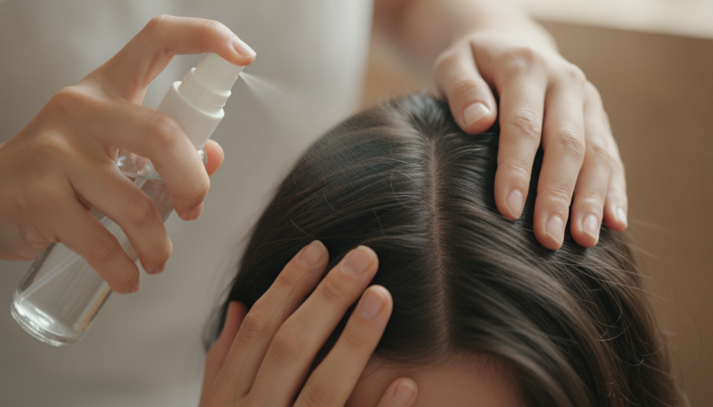 A person s hands gently massaging onion juice into their scalp using a spray bottle or applicator The focus is on the ap
