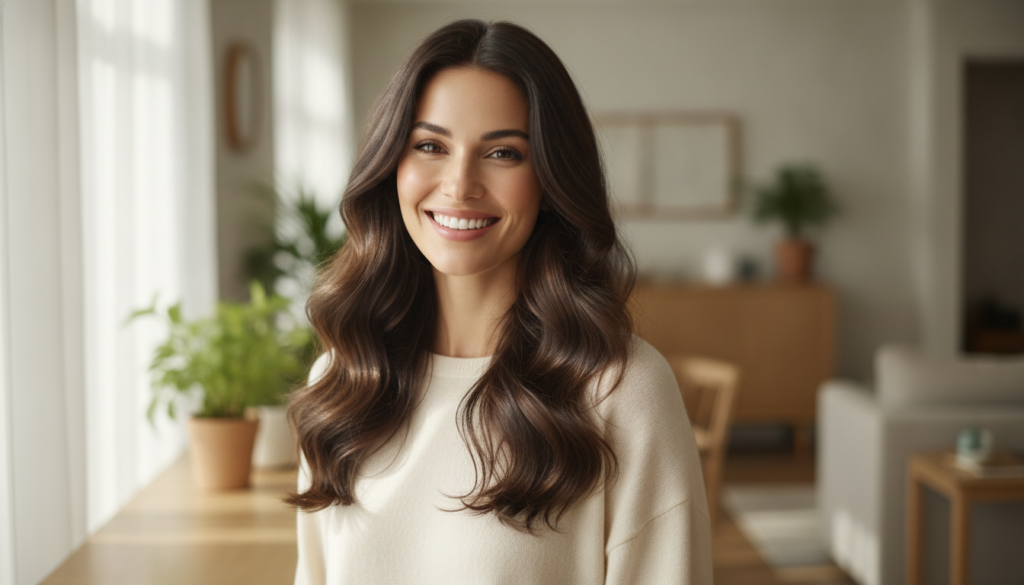 A woman with visibly healthy voluminous hair smiling confidently representing the potential results of consistent hair c