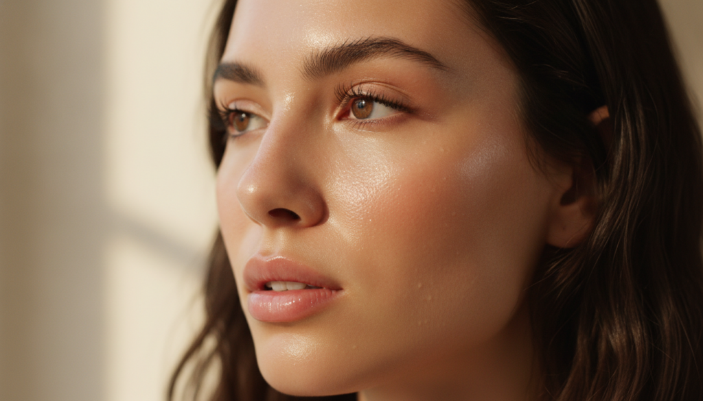 A close-up of a woman s face with visibly dewy smooth and radiant skin showcasing a glass skin effect with soft focus in