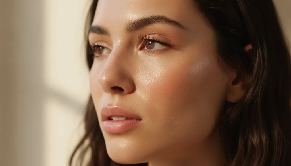 A close-up of a woman s face with visibly dewy smooth and radiant skin showcasing a glass skin effect with soft focus in