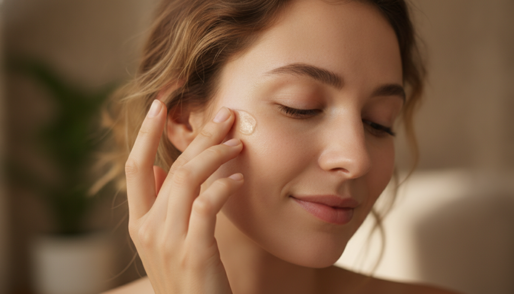 A woman gently patting a small amount of the glossy Vaseline and baby oil mixture onto her cheek with her fingertips sho