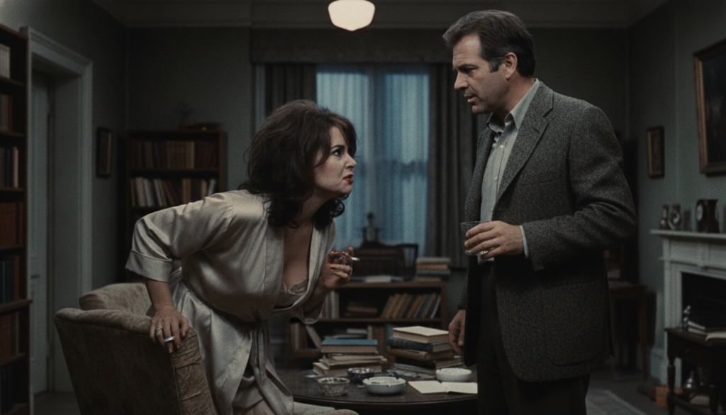 A real film still from Who s Afraid of Virginia Woolf featuring Elizabeth Taylor and Richard Burton in character looking