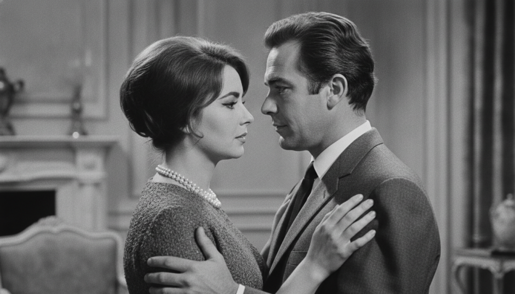 A vintage photo of Elizabeth Taylor and Richard Burton looking at each other intensely depicting their famous passionate