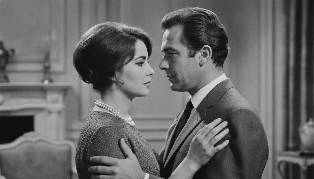 A vintage photo of Elizabeth Taylor and Richard Burton looking at each other intensely depicting their famous passionate