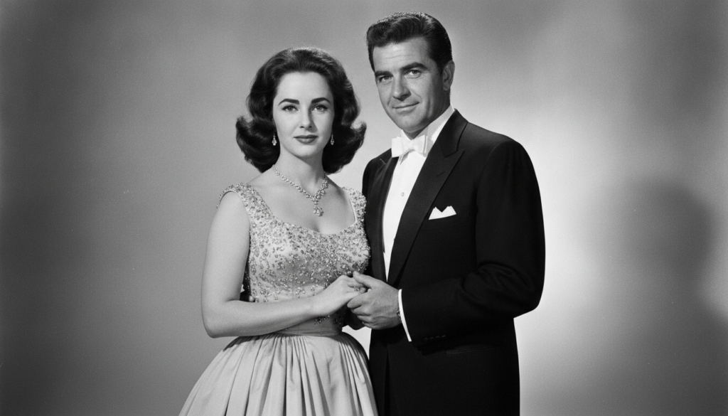 A classic publicity photo of Elizabeth Taylor and Richard Burton dressed elegantly exuding old Hollywood glamour