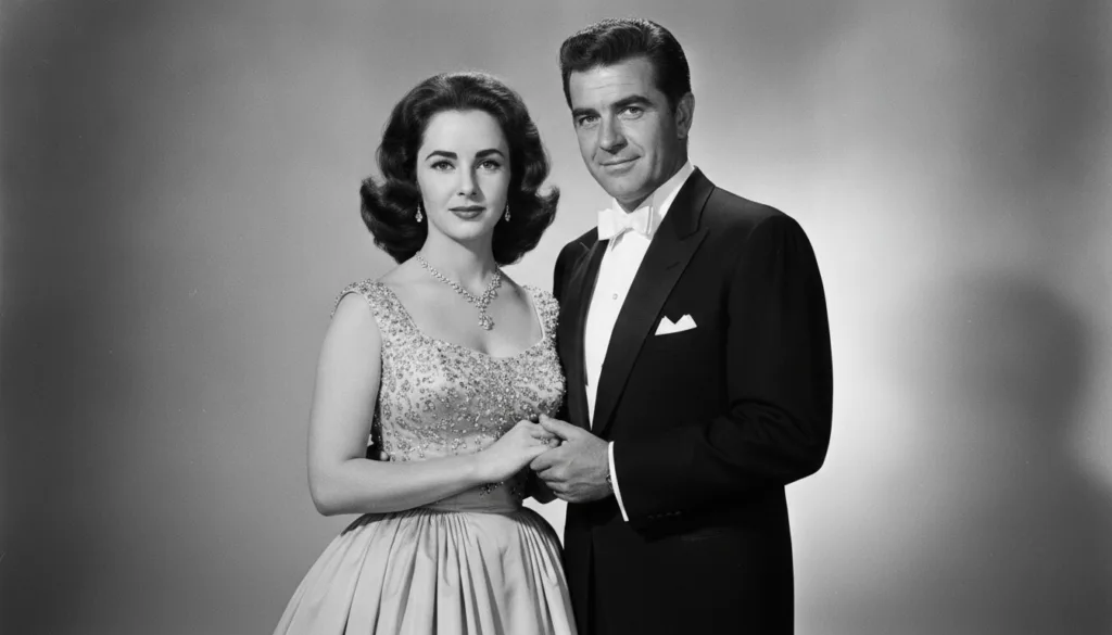 A classic publicity photo of Elizabeth Taylor and Richard Burton dressed elegantly exuding old Hollywood glamour