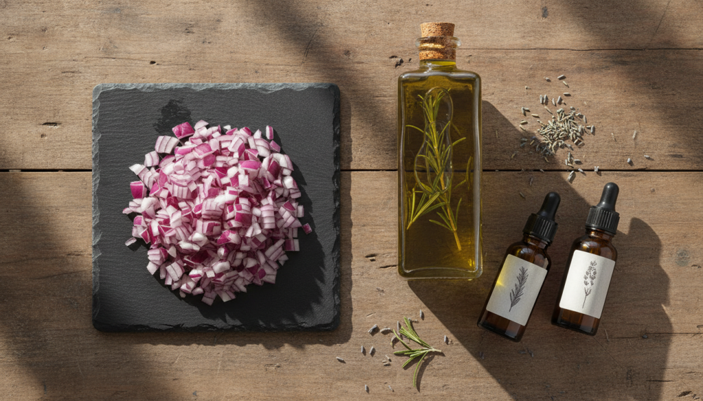 Ingredients for red onion hair oil including chopped red onion a bottle of carrier oil like coconut or olive oil and sma