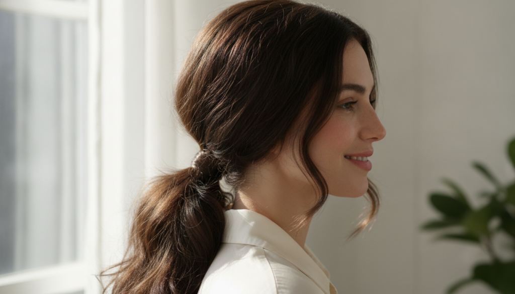 A healthy shiny head of hair possibly tied back showcasing the desired results of using the oil for fuller thicker hair